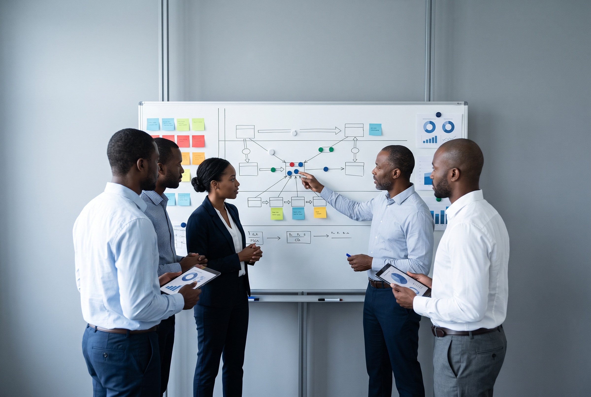 A process improvement workshop mapping a workflow on a wall