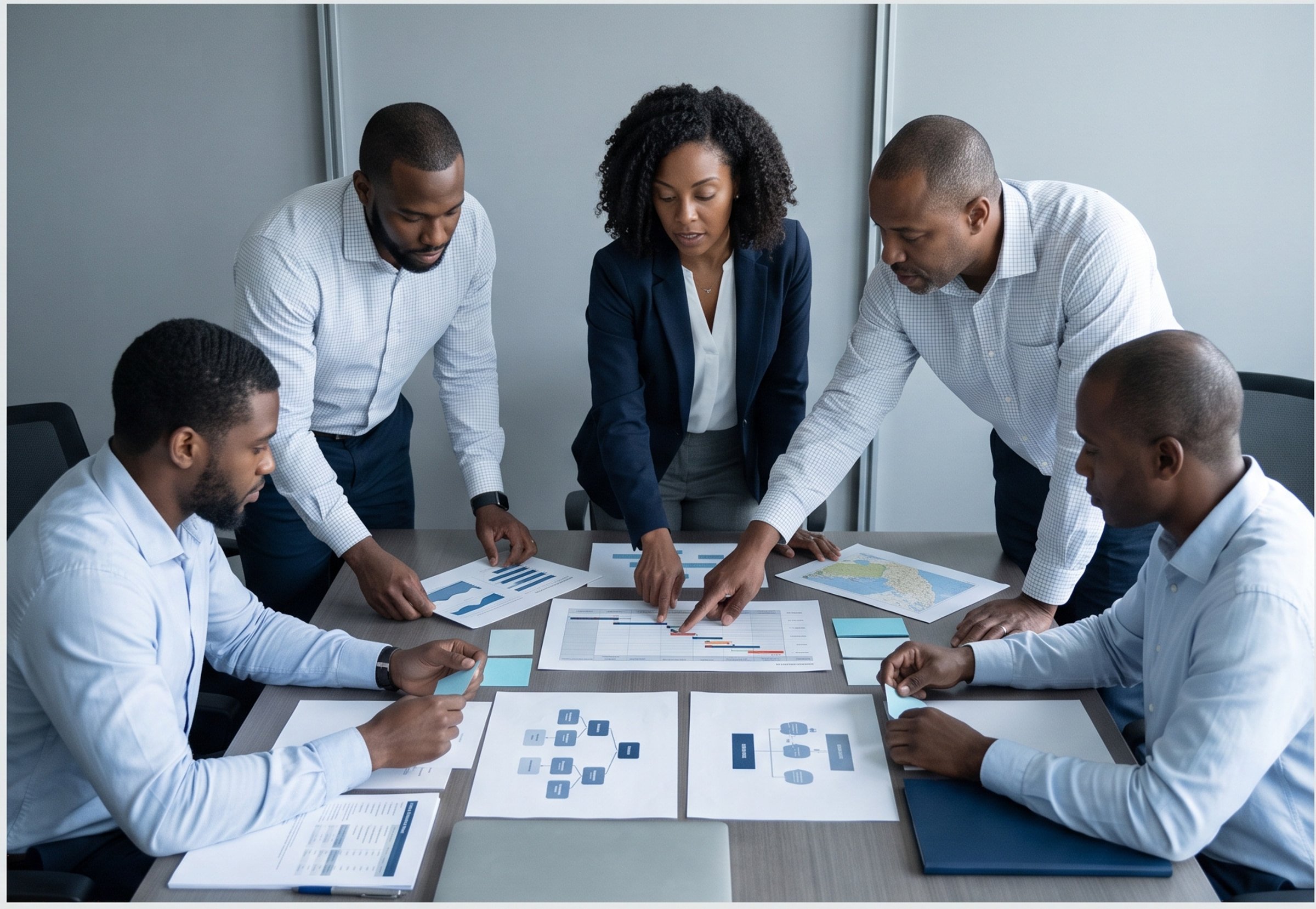 Consultants reviewing a strategic plan at a conference table